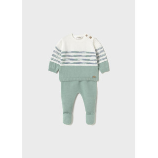 Conjunto calças com pés e camisola tricô recém nascido